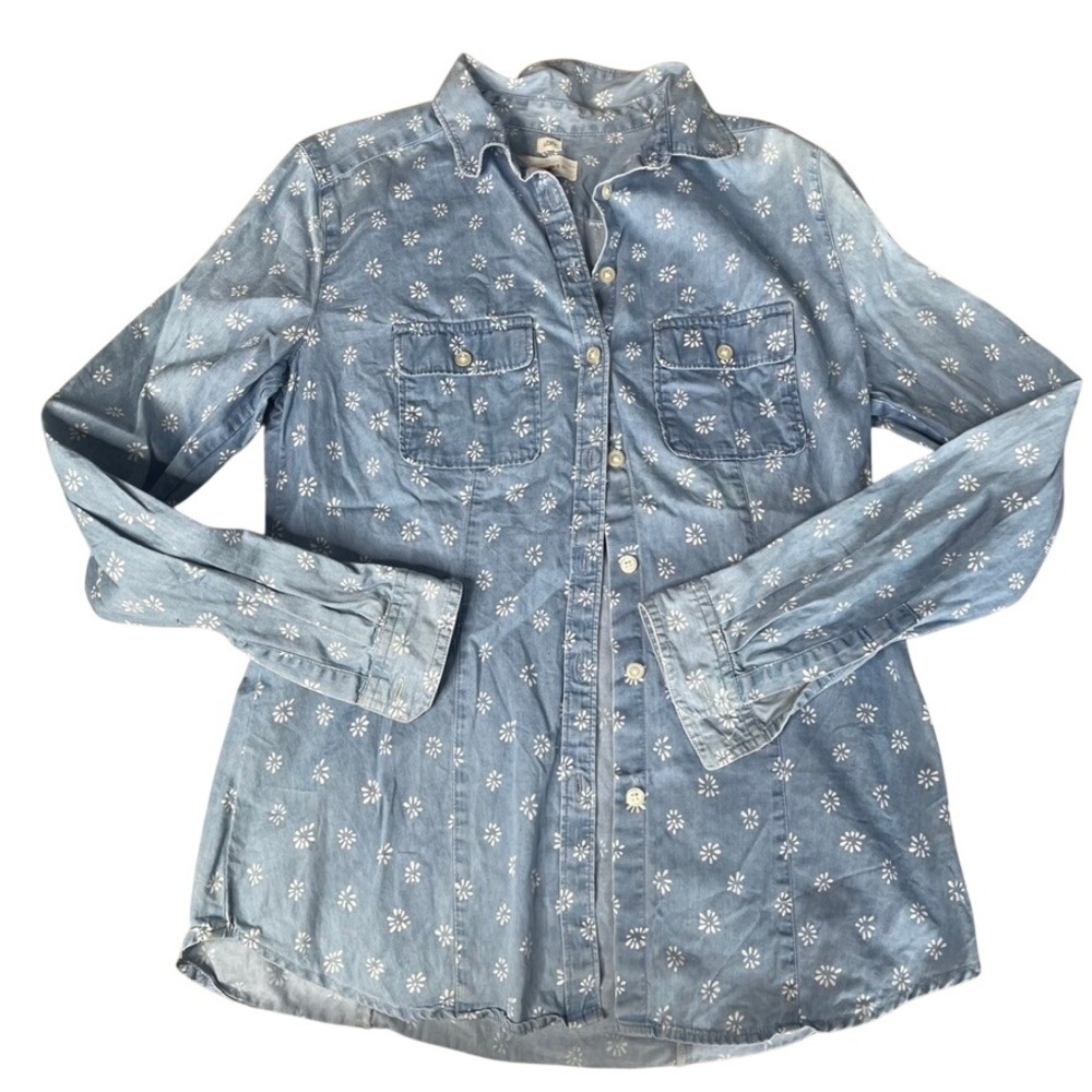 LOFT Softened Shirt Womens‎ Size S Blue Daisy Print Button Up Denim Cotton